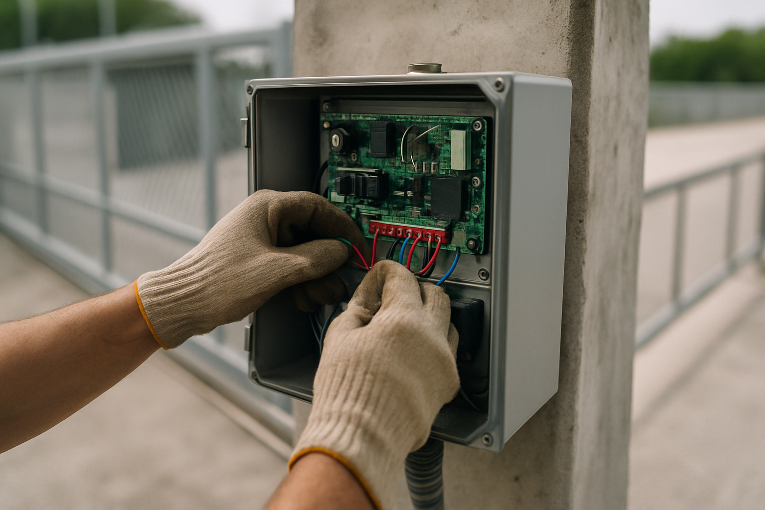 Depicts an on-site repair or installation task at a commercial gate, conveying technical expertise and professional serv