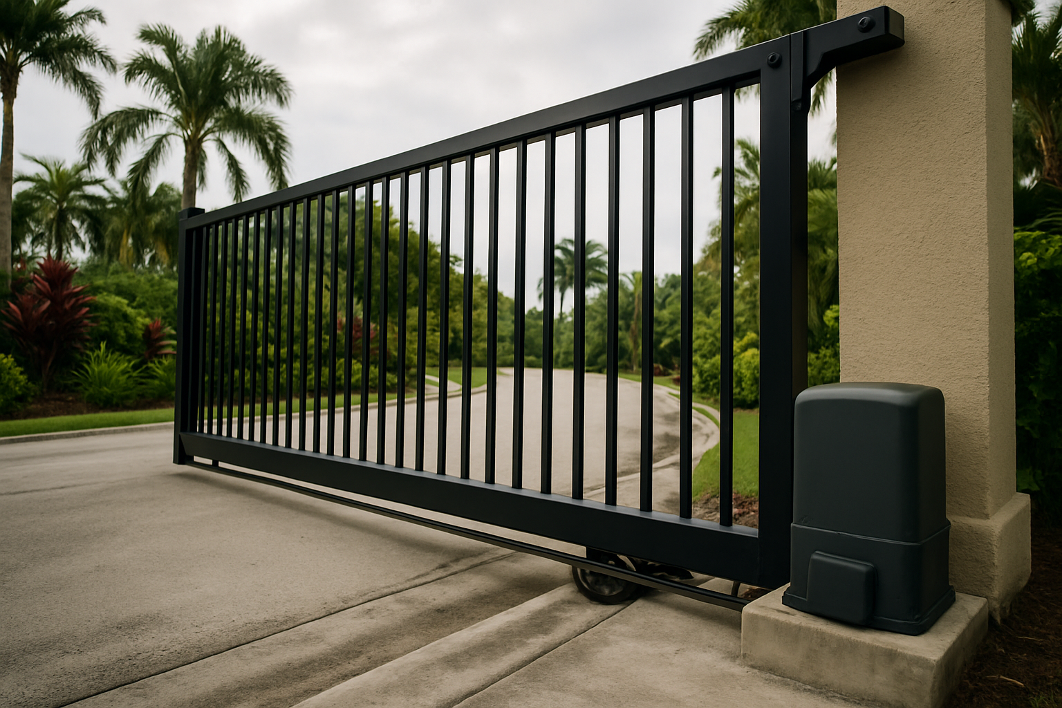 An automatic sliding gate in a stucco-and-tropical-greenery Doral residential setting visually anchors the emergency rep