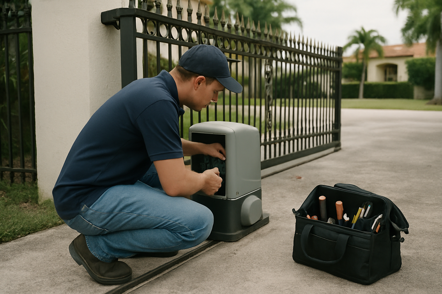 Illustrates gate motor diagnosis on a residential driveway gate in a style consistent with Kendall's 1980s-2000s single-